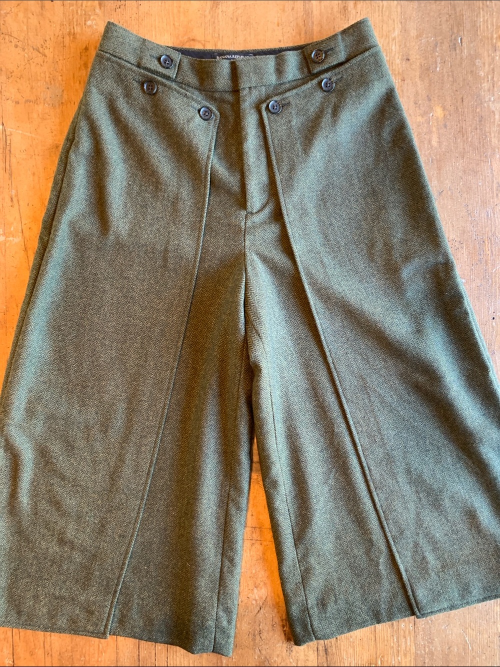Tweed Wide Leg Olive Green High-Waist Trousers - Picture 3 of 16